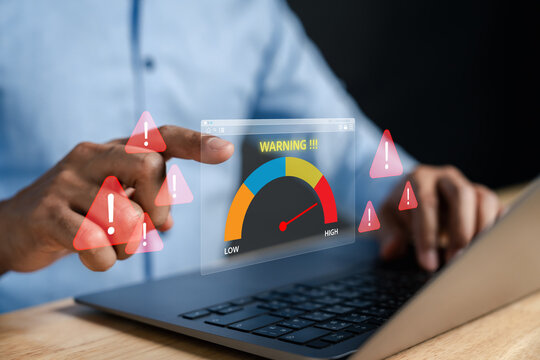 Risk management alert dashboard with warning sign and decision for system threat, finance, or security analysis. Ideal for business risk assessment, alert interface, and prevention.