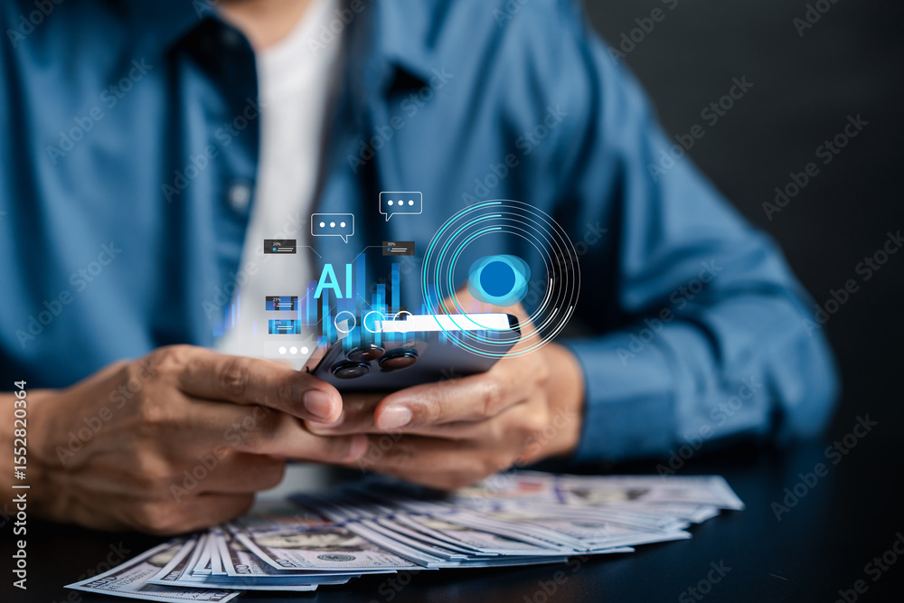 Poster artificial intelligence for financial growth using smartphone technology. ai investment, cash flow a