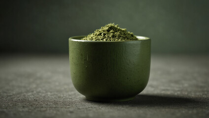Matcha glass, Matcha tea brewing, Healthy drink, Traditional Japanese drink on a simple dark tone background.