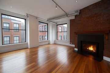 Sunlit Loft Living Room with Wide Plank Hardwood Floors and Brick Fireplace