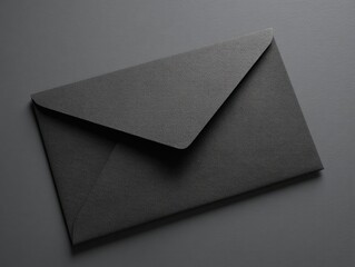 A single, dark-gray envelope rests on a matching surface, its flap sealed, suggesting secrecy or formality.  The texture appears slightly coarse