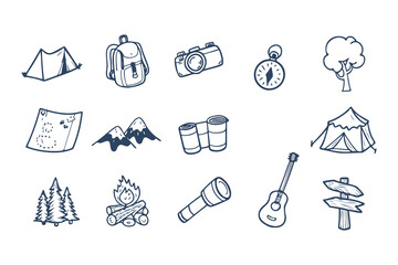  Hand Drawn Camping and Outdoor Adventure Icons. Doodle Style Set with Tent, Backpack, Camera, Campfire, Mountains, and Nature Elements Clipart Vector Illustration on White Background