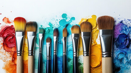 A Diverse Row of Paint Brushes of Various Sizes and Types, Resting on Vibrant Splatters of Watercolor Paint, Symbolizing Art, Creativity, and Artistic Expression.