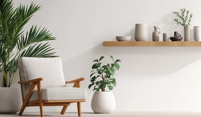 Minimalist modern interior with wooden armchair, potted plant, and white vases on shelf against empty wall, soft lighting and clean lines for text or product placement space