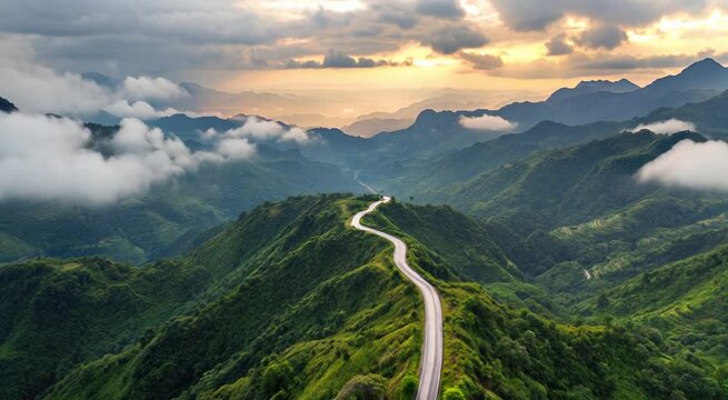 A breathtaking view of a winding mountain road cutting through verdant green hills under a dramatic sunrise sky. The low-lying clouds and golden light add a dreamlike quality, making it an ideal image