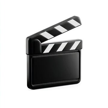 A 3D rendered black clapperboard with a blank slate, the hinged arm is open at a 45-degree angle, showcasing the iconic striped design