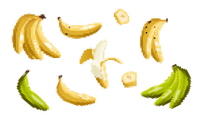 Colorful vector featuring various bananas in different stages of ripeness and styles. pixel art
