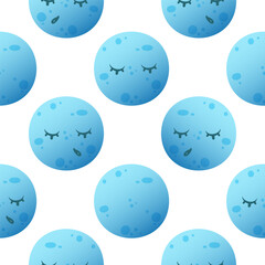 A repeating pattern of blue moons with closed eyes and eyelashes on a white background. The design is playful and whimsical, suitable for various creative projects, for children's themes or summer
