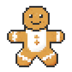 Cheerful gingerbread cookie character in pixel art style with a smiling face and festive attire