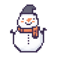 Cheerful snowman wearing a hat and scarf, designed in pixel art style for winter themes and holiday decorations