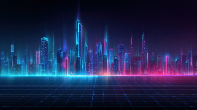 A city skyline with neon lights and a blue and purple background