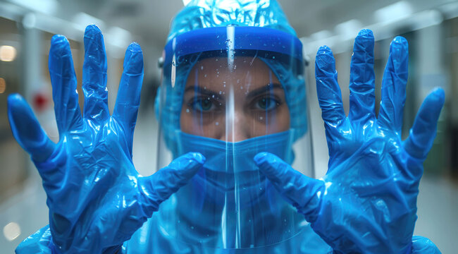 Medical worker wearing full protective gear, holding up gloved hands, showing readiness in a clinical setting.
