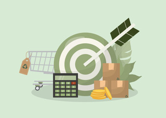 Sustainable Procurement Target Achievement Business. Sustainable procurement goals, business planning, and eco-friendly supply chain success. Green shopping. Flat style. Vector illustration