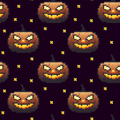 Spooky cartoon pumpkin pattern with grinning faces on a dark background for Halloween themes