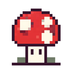 Retro pixel art depiction of a bright red mushroom with white spots on a white background