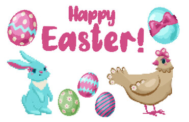 Celebrate Easter with a vibrant vector featuring colorful eggs, a cheerful bunny, and a charming hen in a seamless design. Pixel art