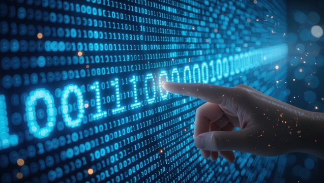 Human finger interacting with a digital screen displaying glowing blue binary code data stream