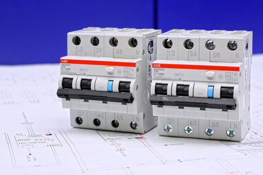 ABB DS-203 Series 3 Phase Residual Current Circuit Breaker on Electronic Digram During Electrical Control Panel Assembly. 