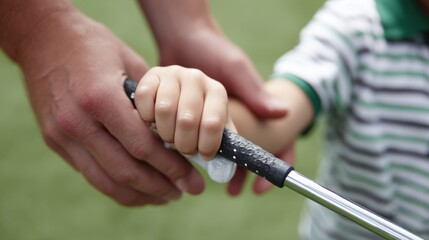 A man is holding a child's hand and a golf club