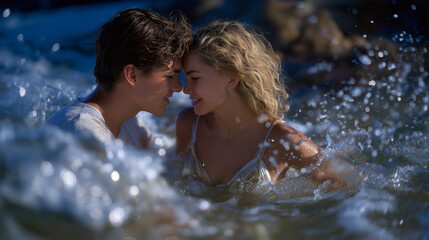 Obraz premium Playful Couple Splashing Water Together in Sunlit Shallows