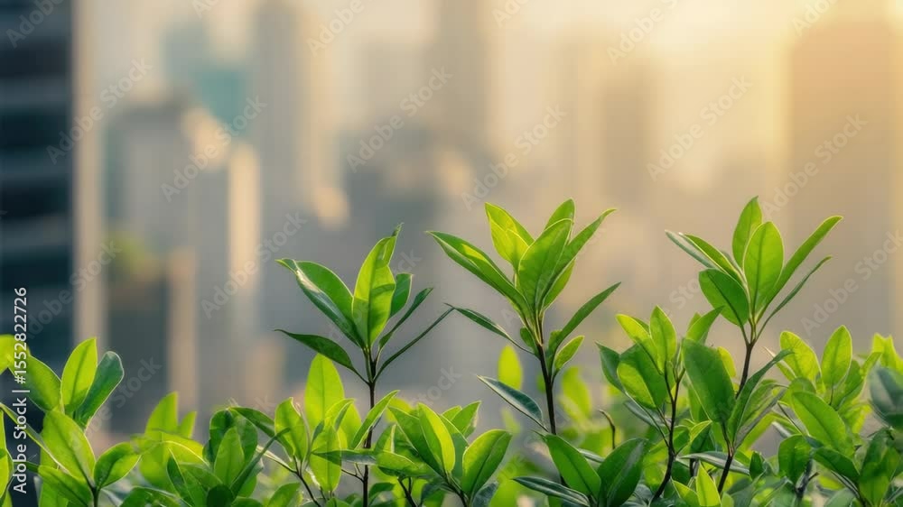 Poster a close-up view of a plant with a city skyline in the background, ideal for use in environmental or 