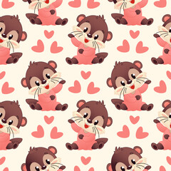 A cute pattern featuring cartoon otters with hearts. The otters are brown with light pink accents, smiling and waving. The background is a soft cream color.
