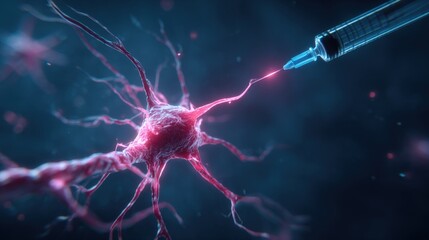 A red neuron is being injected with a syringe