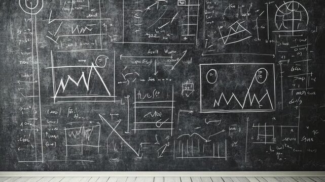A close-up shot of a blackboard filled with math problems, diagrams, and hand-drawn doodles