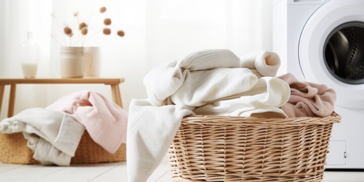 A basket of laundry with a washing machine in the background. Generative AI.