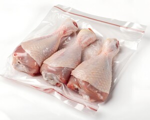 Raw chicken drumsticks packaged in transparent vacuum-sealed bag for sale.