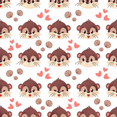 Seamless pattern of three cartoon otter faces showing different emotions, with elements of small shells and hearts. They show happiness, neutrality and curiosity. Vector illustration