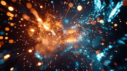 Dynamic colorful light particles explode on dark background. Abstract glowing orange and blue sparks create vibrant energy.