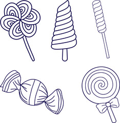 Icon set of lollipops. Set of candy's. Vector of toffee. Candy and sweets set. Candies cane spiral lollipops, swirl lollipop jelly, halloween trick or treat desserts. Vector cartoon set