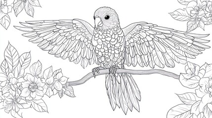 Fototapeta premium Parrot on Branch, Floral Background