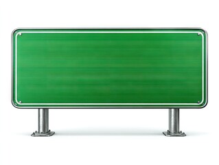 A blank, rectangular green highway sign with a metallic border and supports, isolated on a white background