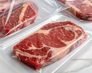Fototapeta premium Beef in vacuum-sealed packaging with visible cuts, ready for retail marketing.