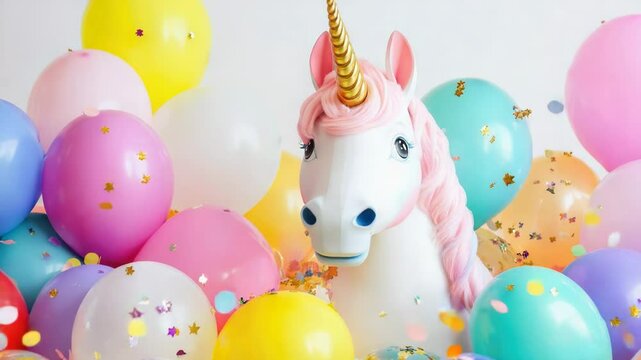 A colorful celebration scene featuring a unicorn statue surrounded by balloons and confetti, great for party or holiday images