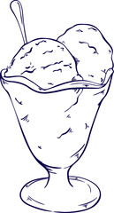 ice cream served in a glass. Ice cream vector sketch desserts. Hand drawn wafer cone, gelato, chocolate glazed, sundae, and ice cream served in a glass bowl.