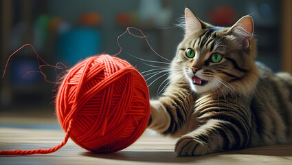 Cute domestic feline kitten playing with a red ball, its beautiful eyes and fluffy white fur visible