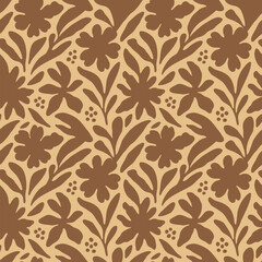 Monochrome seamless pattern with brown folk art flowers and leaves on a light beige background. Simple, hand-drawn botanical illustration for textile, wallpaper, or vintage-inspired branding