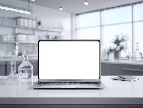 Sleek silver laptop with blank screen sits on a pristine white lab bench, overlooking a modern, bright laboratory with blurred background of lab equipment and large windows