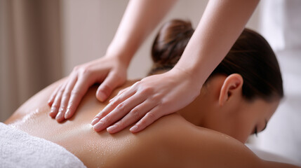 Fototapeta premium Abhyanga oil massage therapy with warm oils for relaxation and healing. Traditional ayurvedic body treatment promoting wellness, balance, and deep stress relief in a calming spa setting.