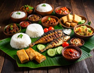 A delicious local feast of grilled fish, rice, tempeh, tofu, and sambal served on banana leaves with colorful vegetable sides