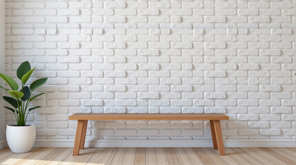 Minimalist interior with white brick wall and wooden bench