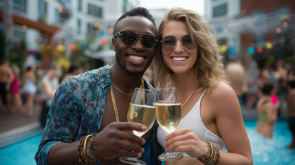Friends celebrating by the pool with drinks and party atmosphere in background