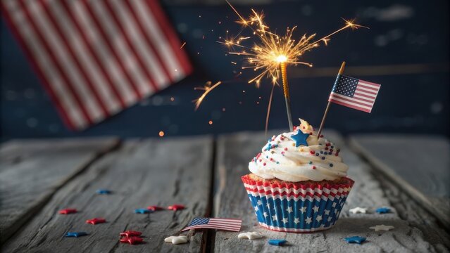 Patriotic cupcake with a sparkler and small flags - Powered by Adobe