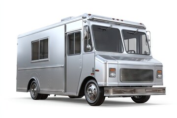 A sleek, silver food truck, angled slightly to the left, is shown against a white background.  It features a windowed service area and a classic step-van body style
