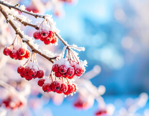 Bright berries glisten under a layer of fresh snow, evoking a magical winter atmosphere. Perfect for holiday cards or seasonal decorations.