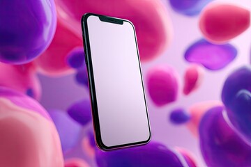 A sleek smartphone hovers amidst a vibrant backdrop of floating, abstract pink and purple blobs.  Its blank screen is ready for app display
