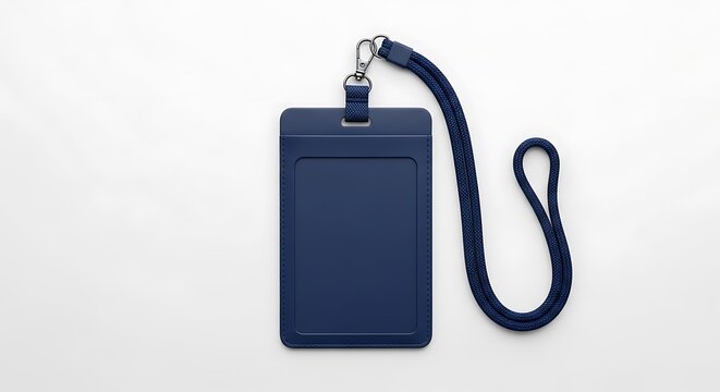 Dark blue identification card with lanyard, laid flat on a white background.